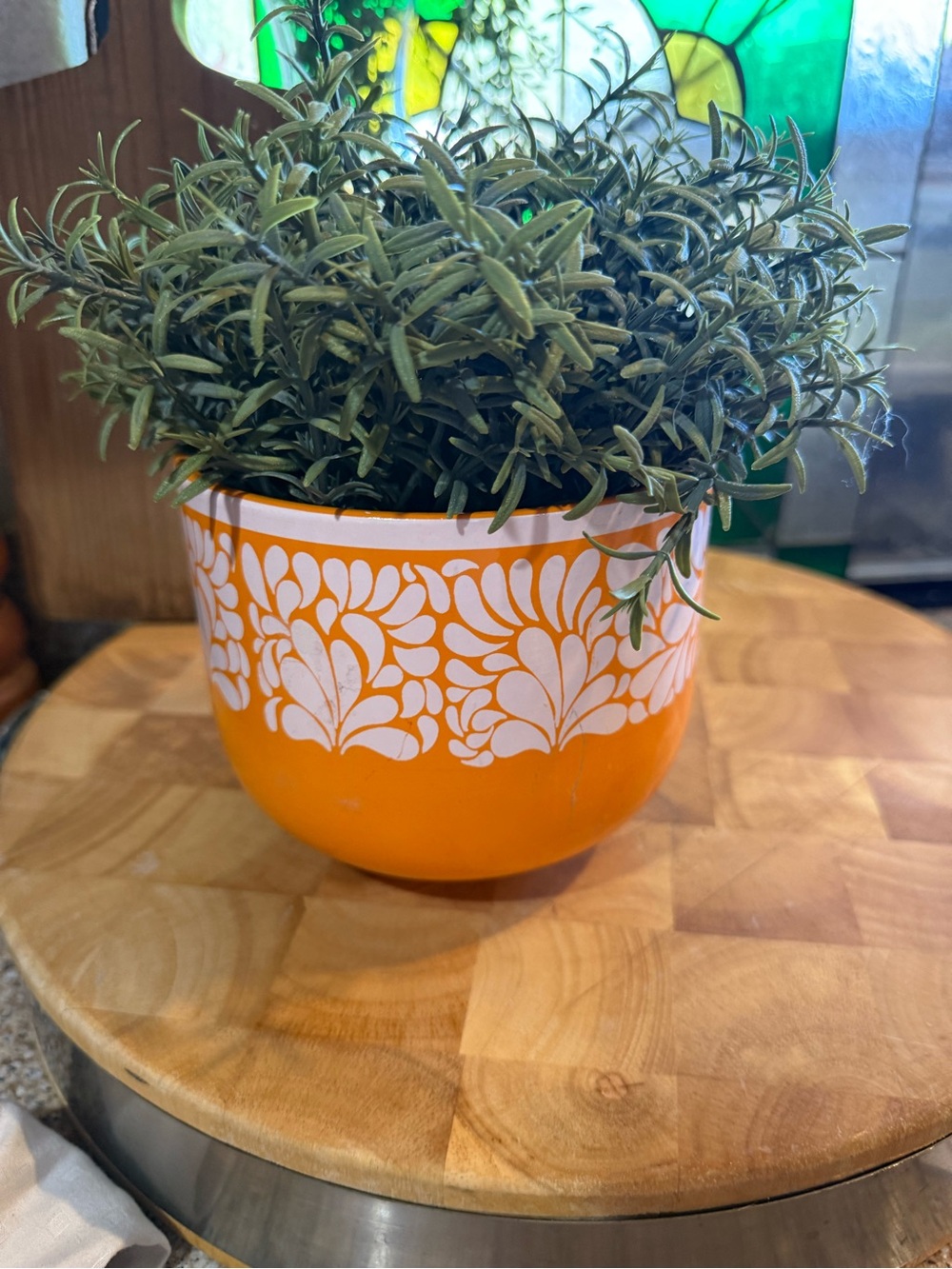Orange Floral Ceramic Planter with White Pattern 5.5”